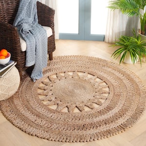 Natural Fiber Beige Doormat 3 ft. x 3 ft. Woven Ornate Round Area Rug