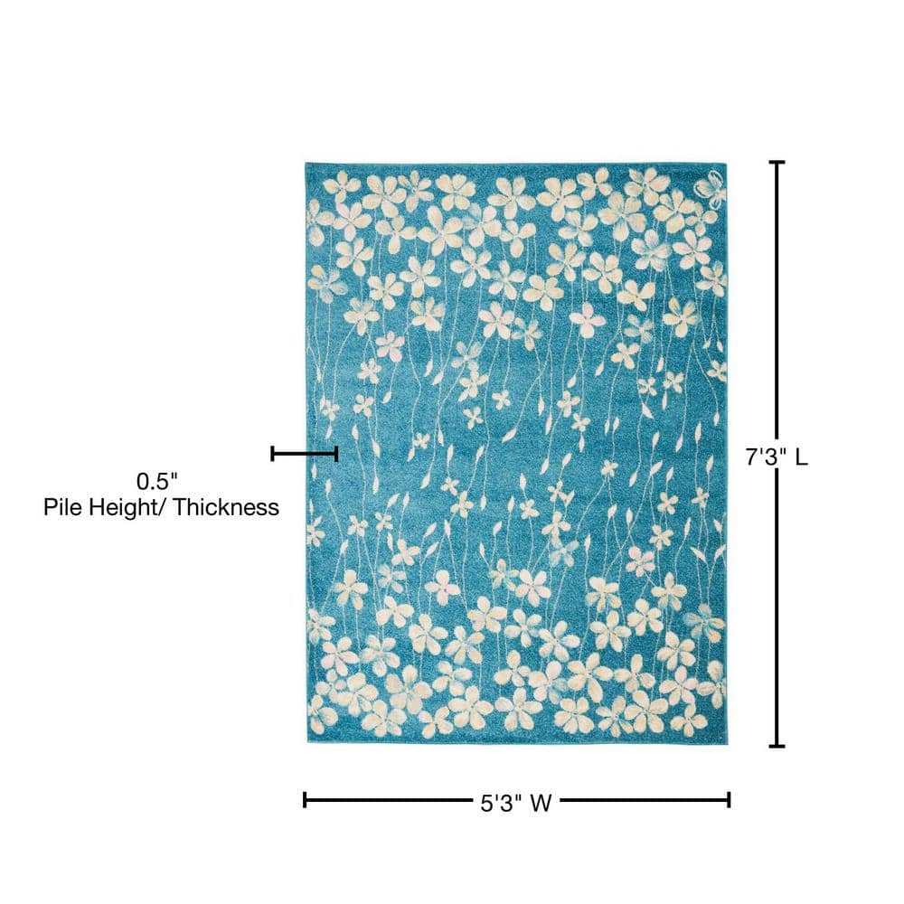 Tranquil Turquoise Floral Viscose 5'3" x 7'3" Area Rug