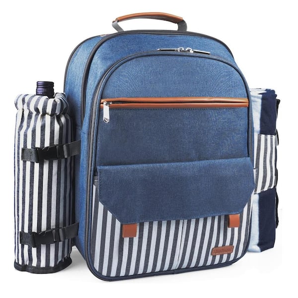 Oyezvary 32 Liters Insulated Backpack for 2-Person with Blanket Compartment Set for Couple Soft-Side Cooler, Blue & Stripe