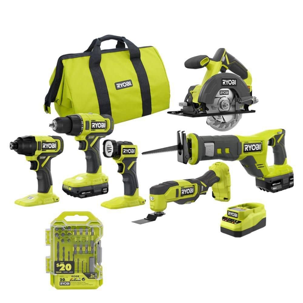 Ryobi ONE+ 18V Cordless 6-Tool Combo Kit w/ (2) Batteries, Charger & Drill & Impact Drive Kit (20-Piece)