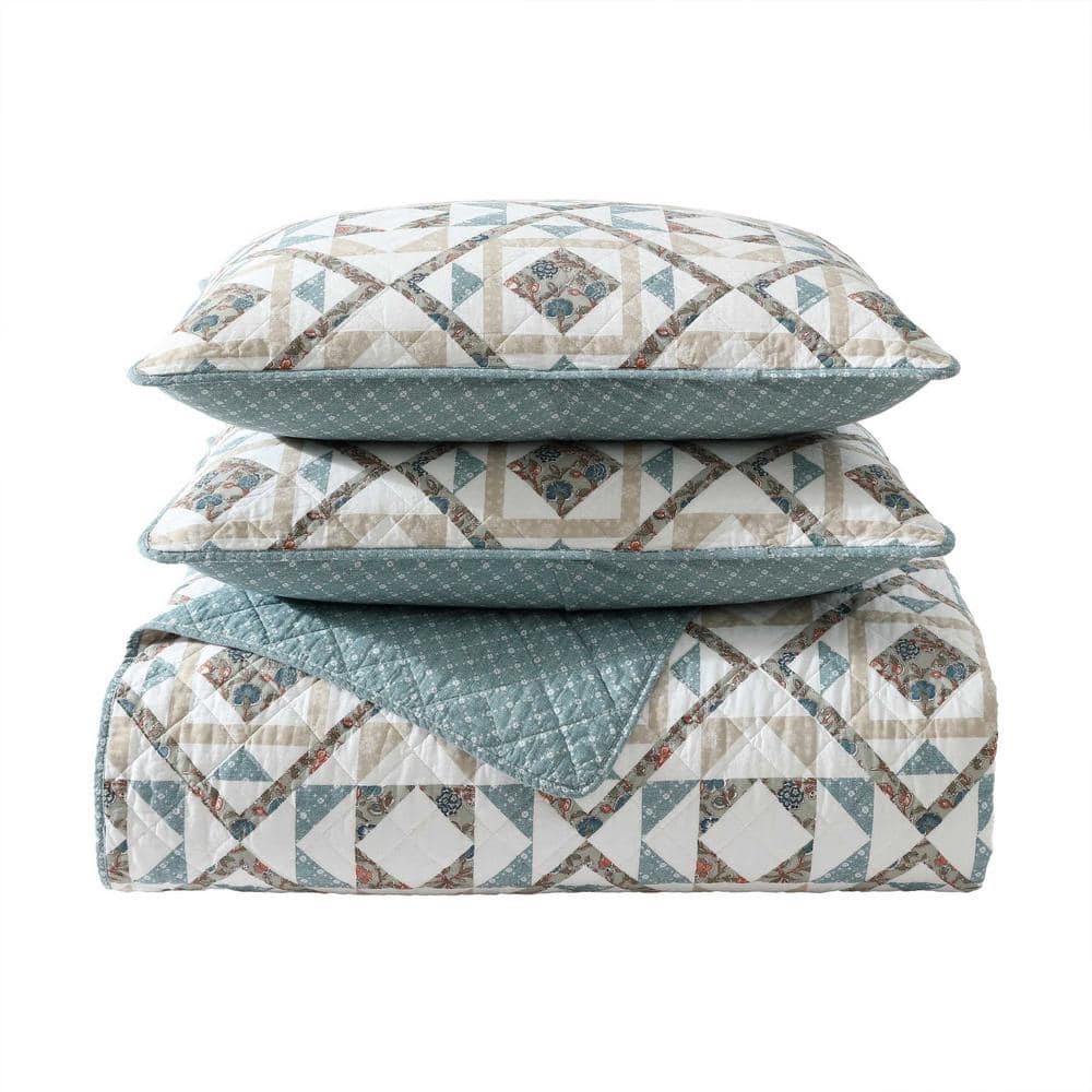Annie Blue and Beige Cotton Twin Reversible Quilt Set
