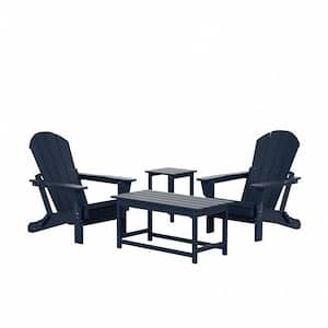 Laguna 4-Piece Fade Resistant Outdoor Patio HDPE Poly Plastic Folding Adirondack Chairs and Tables Set in Navy Blue