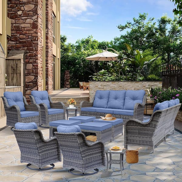 DWIOM Gray 12-Piece Wicker Patio Conversation Seating Sofa Set Swivel Chairs with Denim Blue Cushions and Ottomans