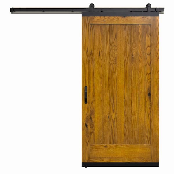 JELD-WEN 36 in. x 80 in. Karona 1 Panel Khaki Stained Rustic White Oak Wood Sliding Barn Door with Hardware Kit