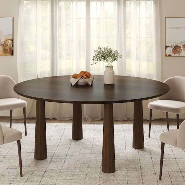 Round Walnut Solid Wood 59 in. Kitchen Tables 4-Legs Dining Table Seats 8