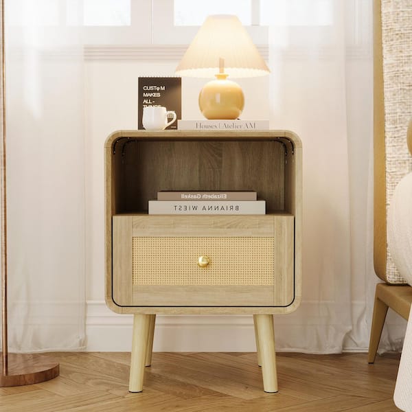 FUFU&GAGA Burly Wood Grain Yellow 1-Drawer 17.7 in. W x 13.9 in. D x 23.8 in. H Nightstand, End Table with 1 Open Shelf