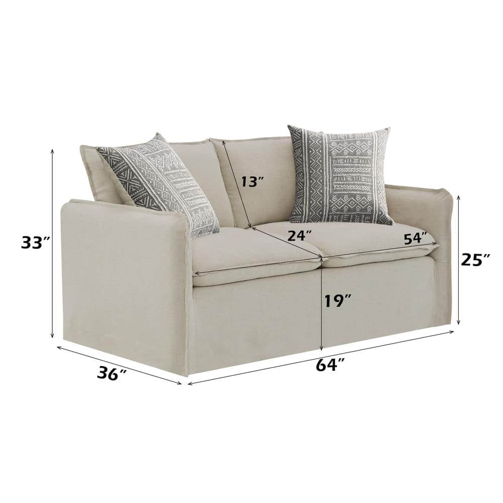 Beige Linen Loveseat with Removable Cushions and Wood Frame