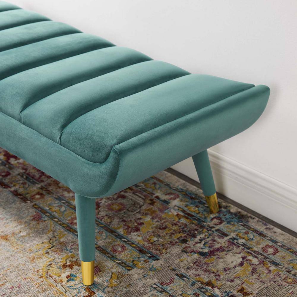 Teal Velvet Channel Tufted Accent Bench with Gold Legs