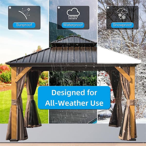 12 ft. x 12 ft. Brown Hardtop Gazebo, Outdoor Cedar Wood Frame Canopy,Galvanized Steel Double Roof, Curtains and Netting
