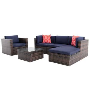 6-Piece Wicker Patio Conversation Set with Navy Blue Cushions, 2 Pillows and Coffee Table