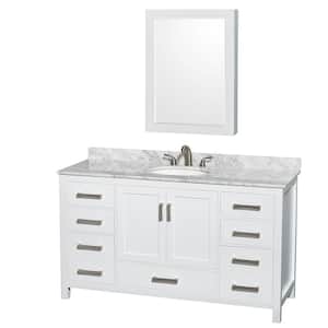 Sheffield 60 in. W x 22 in. D x 35 in. H Single Bath Vanity in White with White Carrara Marble Top and MC Mirror