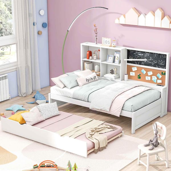 White Twin Size Daybed with Storage Shelves, Blackboard, Cork board, USB Ports and Twin Size Trundle