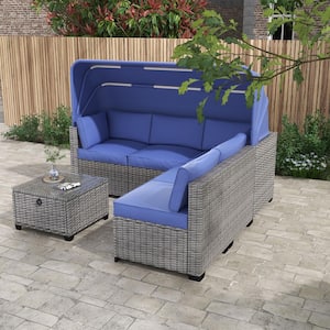 Rattan Series 6-Piecel Wicker Outdoor Chaise Lounge with Cushion Guard Blue Cushions