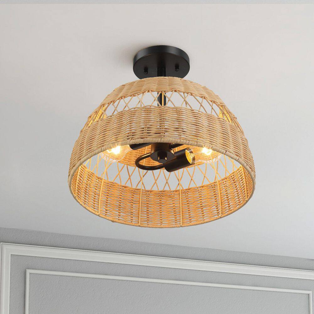 Vkoiyg 15 in. Twinkle Double Lights Semi Flush Mount with Rattan