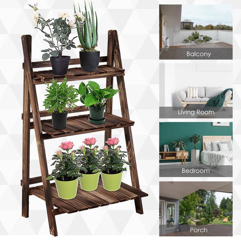 Natural Fir Wood 3-Tier Foldable Ladder Plant Stand