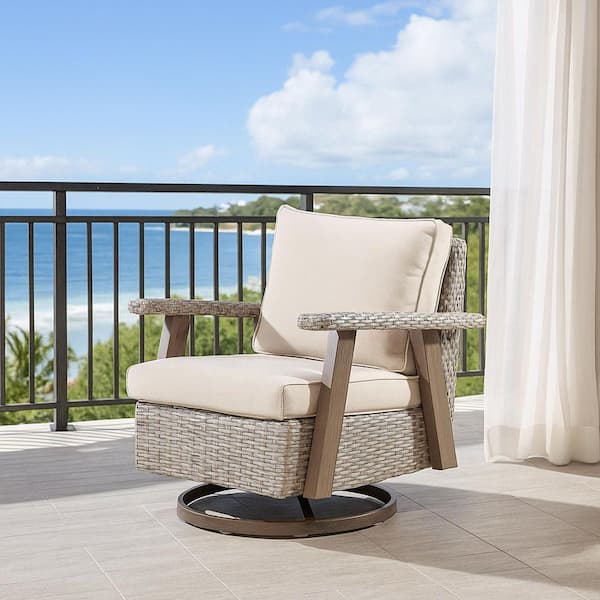 Grey Swivel Patio Wicker Chair Outdoor Rocking Chair with Beige Thick Cushions and Wide Armrest for Porch, Balcony, Deck