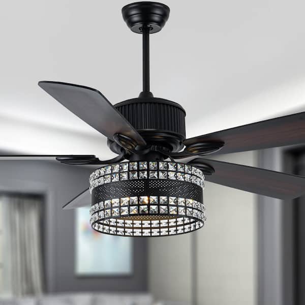 Bella Depot Luxflow 52 in. Modern Indoor Black Luxury Crystal Caged Ceiling Fan with Light, Reversible Ceiling Fan with Remote