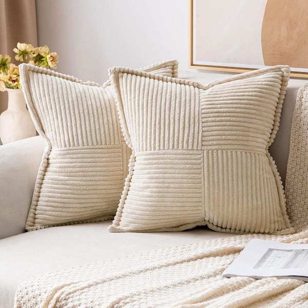 Boho Striped Corduroy 18 in. x 18 in. Throw Pillow Cover Set of 2 Beige