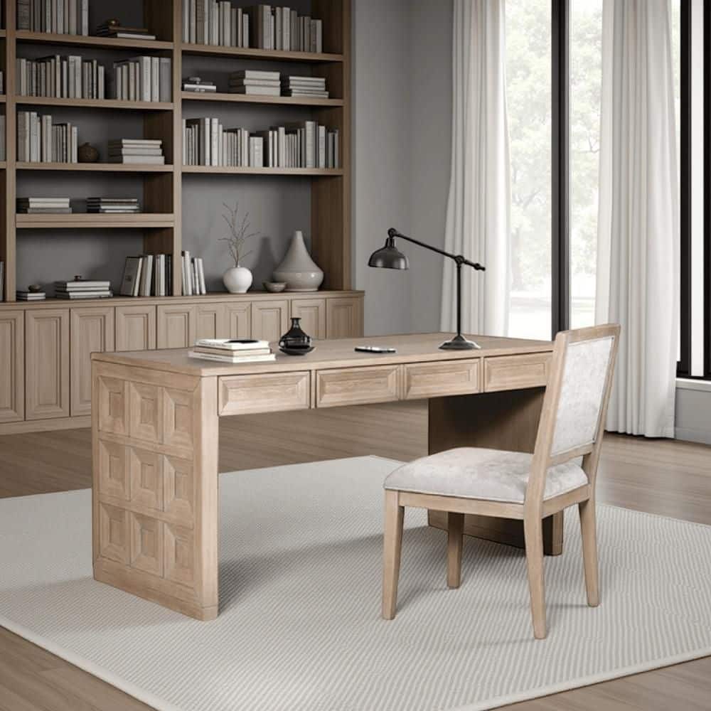 Benjara Kizie 60 in. Rectangular Tawny Brown Wood 4-Drawer Writing Desk ...