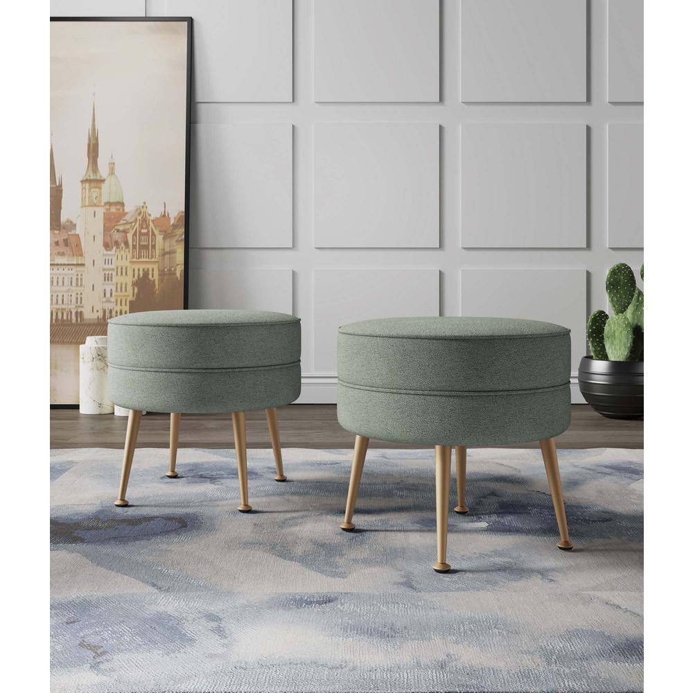Set of 2 Sage Green Upholstered Ottomans with Gold Legs
