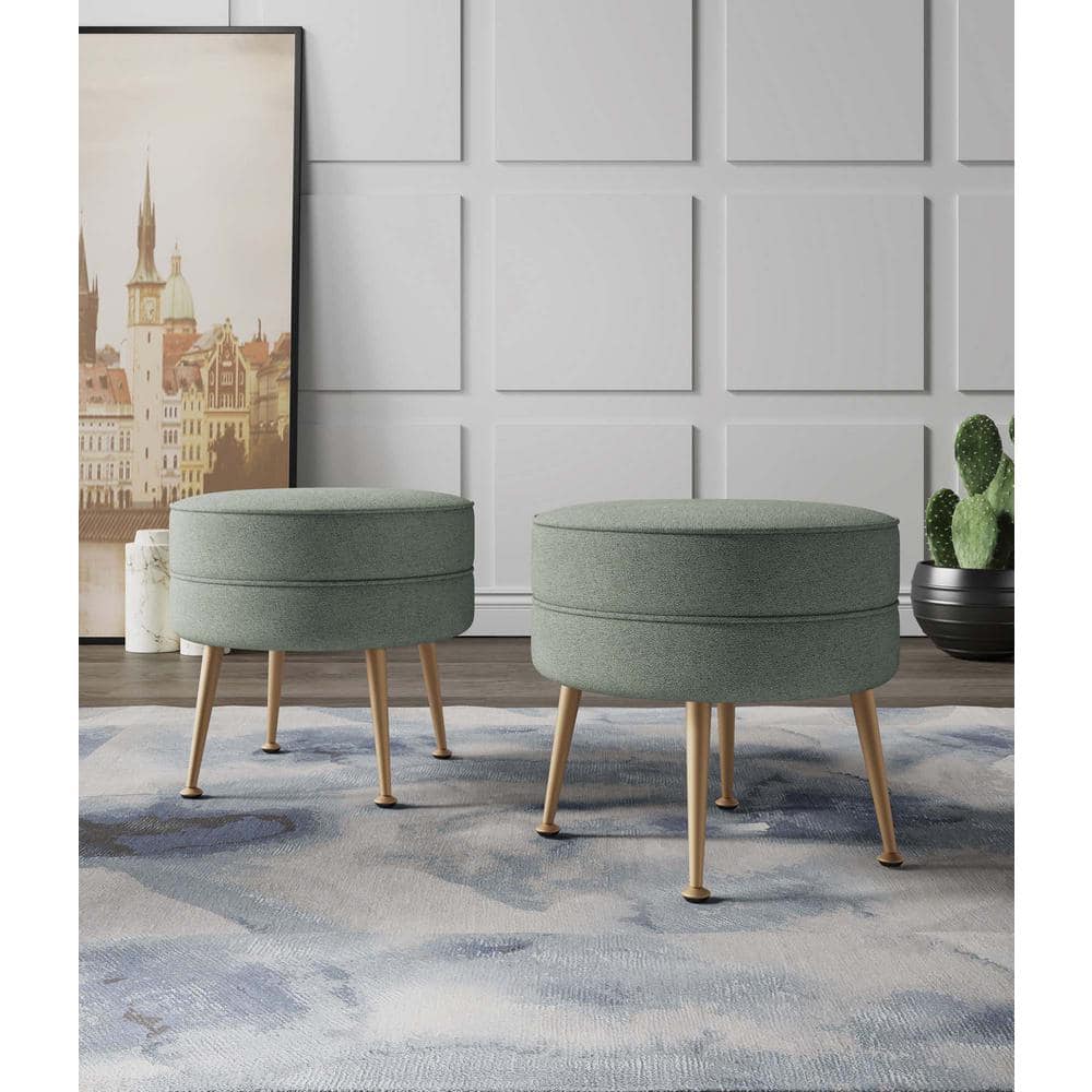 Set of 2 Sage Green Upholstered Ottomans with Gold Legs