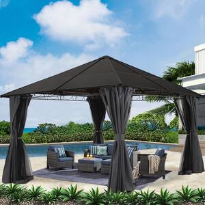 10 ft. x 12 ft. Outdoor Aluminum Patio Gazebo Polycarbonate Hardtop with Mosquito Netting and Privacy Curtain