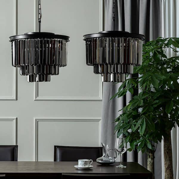 ALOA DECOR 6-Lights 20 in. W Modern 3-Tier Matte Black and Smoke