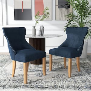 Nortrup Dark Blue Linen Tufted Wingback Dining Side Chair (Set os 2)