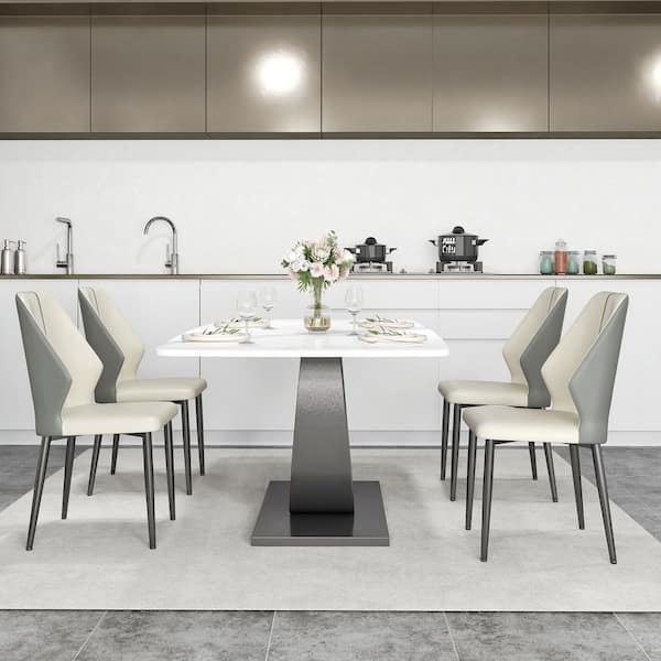 Set of 4 Modern Dining Chairs PU Leather Seat Curved Open Back with Black Iron Legs in Gray