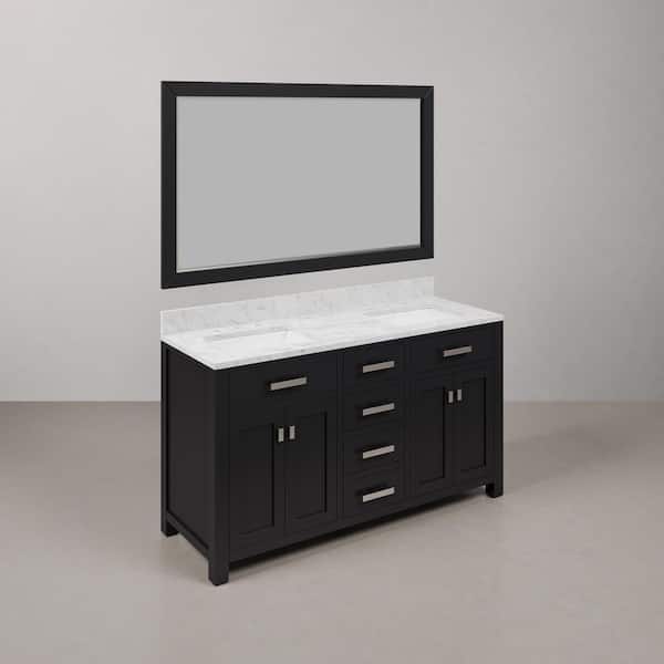 Madison 60 in. W x 21.5 in. D x 34 in. H Double Sink Bath Vanity in Espresso with Carrara White Marble Top and Mirror