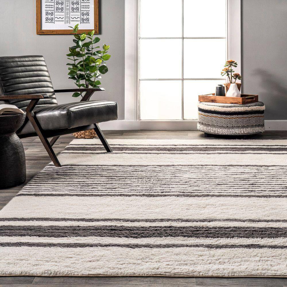 Ivory and Black Striped Wool Washable Area Rug 5' x 8'