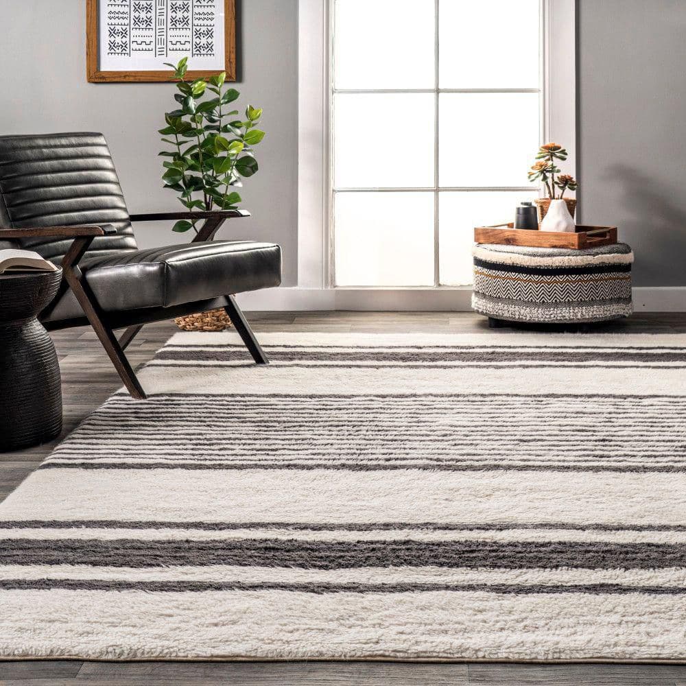 Ivory and Black Striped Wool Washable Area Rug 5' x 8'
