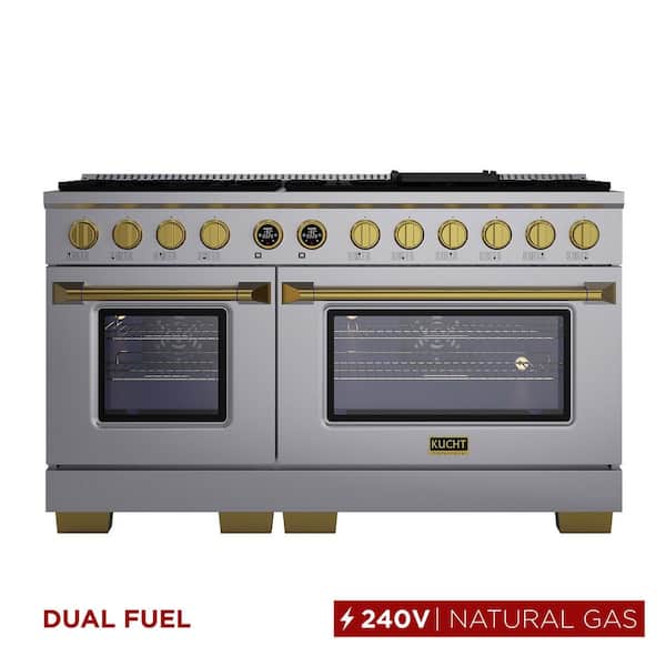60 in. 7.9 cu. ft. 10 Burners Dual Fuel Range for Natural Gas in Stainless Steel with Gold accents