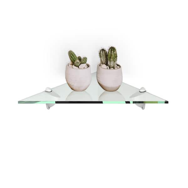 Fab Glass and Mirror 14 in. L x 0.37 in. H x 14 in. W Wall Mount Clear Tempered Glass Floating Triangle Shelf in Chrome Brackets