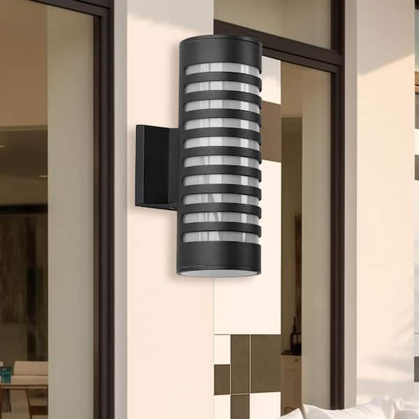 2-Light Black Cylinder Wall Sconce with E26 Base and Modern LED for Indoor/Outdoor Porch