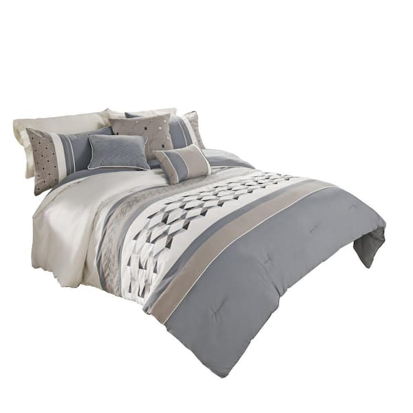 Benjara 7- Piece Blue and Gray Geometric Polyester Queen Comforter Set