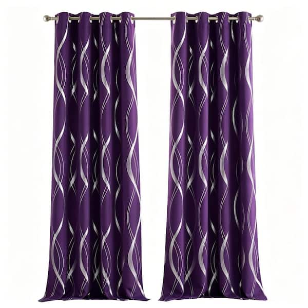 Purple Wave Line Foil Printed 52 in. W x 84 in. L Room Darkening Curtain (Set of 2 Panels)