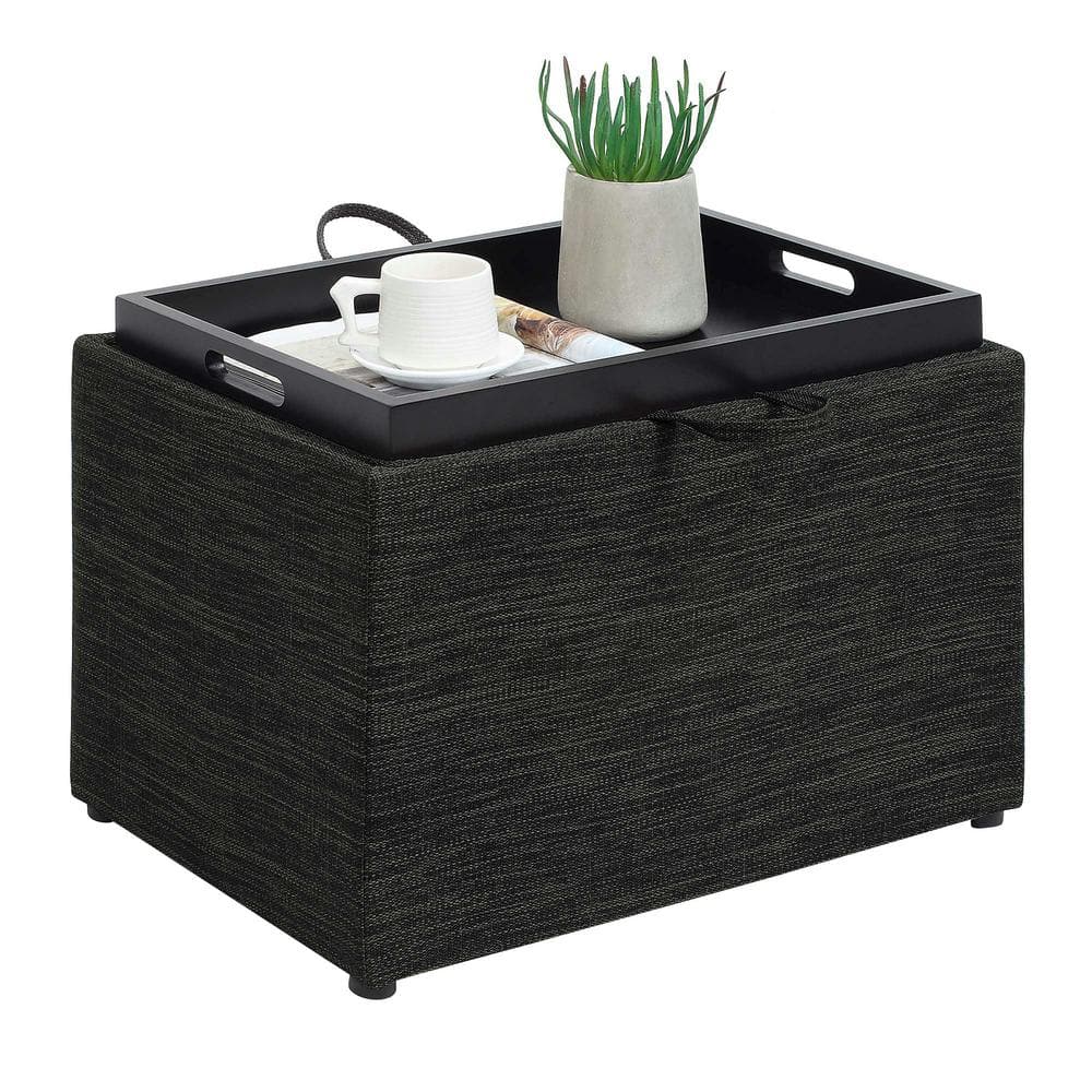 Modern Dark Charcoal Gray Fabric Storage Ottoman with Reversible Tray, 23"