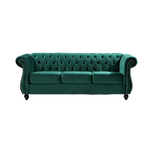 US Pride Furniture Feinstein 82.6 in. Rolled Arm Velvet Straight 3-Seater Sofa in Green