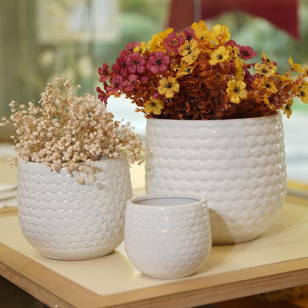 Set of 3 Handmade 4.49/6.3/8.07 in. H Matte White Textured Round Ceramic Planters, Breathable Flower Pot
