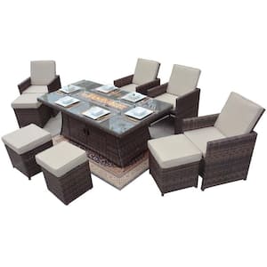 Zadie Brown 9-Piece Wicker Patio Fire Pit Dining Sofa Set with Beige Cushions
