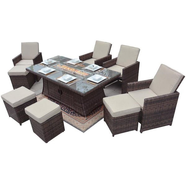 moda furnishings Zadie Brown 9-Piece Wicker Patio Fire Pit Dining Sofa Set with Beige Cushions