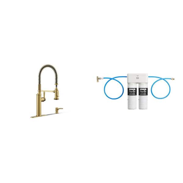 Sous Pro-Style Pull Down Sprayer Kitchen Faucet in Brushed Brass and Aquifer Under-Sink Filtration System Combo
