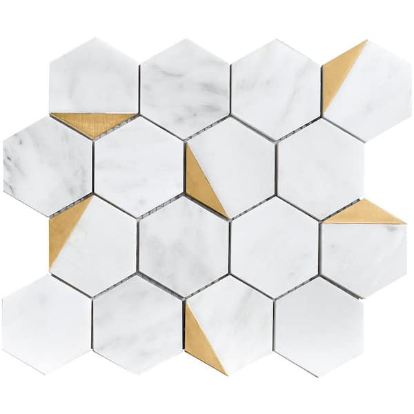 MOLOVO Natural Blanco White Gold 10.2 in. x 11.78 in. Honeycomb Polished Marble Mosaic Tile Sample