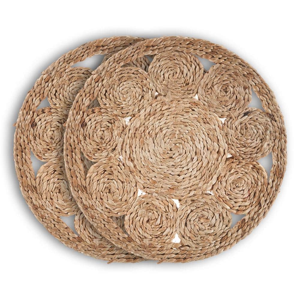 Rustic Natural Tan 15 in. Bordered Round Organic Jute Placemat (Set of 2)