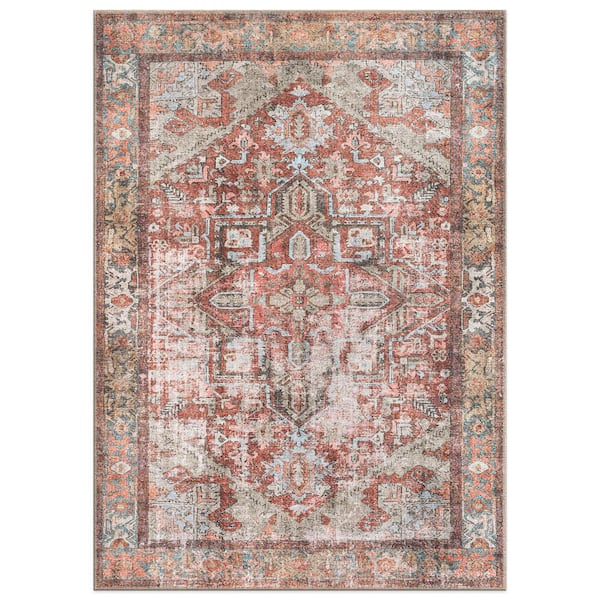 World Rug Gallery Amber Multi 5 ft. x 7 ft. Vintage Boho Medallion Machine Washable Non Slip Area Rug