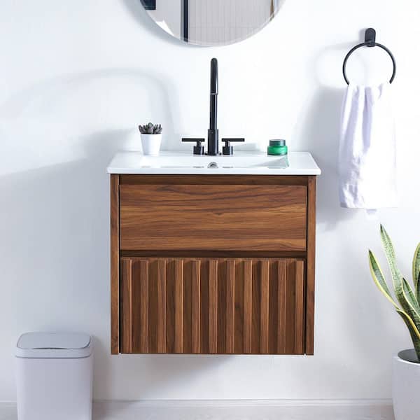Sherwin 24 in. W x 18 in. x D x 20 in. H Slat Modern 2-Drawer Wall Mounted Bath Vanity Cabinet Without Top in Walnut