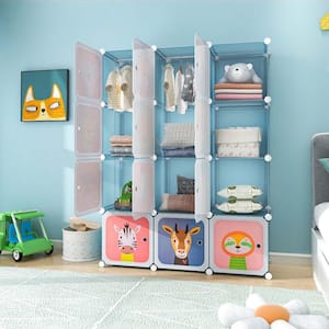 12-Cube Kids Wardrobe Baby Dresser Bedroom Armoire Clothes Hanging Closet with Door Blue
