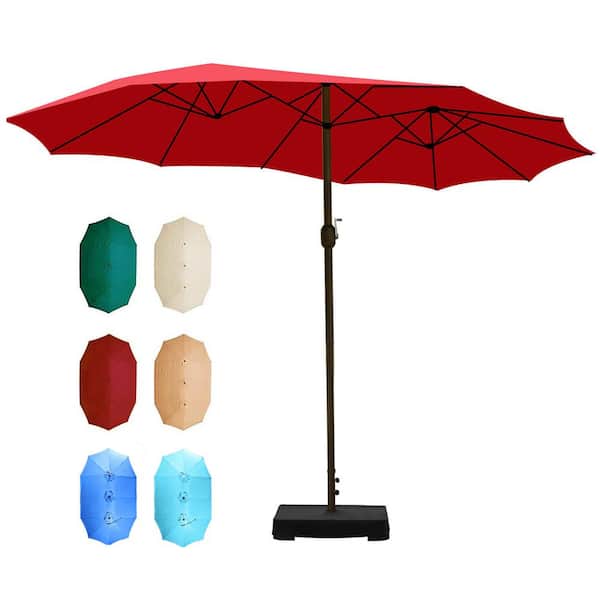 Aoodor 15 ft. Wine Red Market Double Side Patio Umbrella with Base and Sandbag