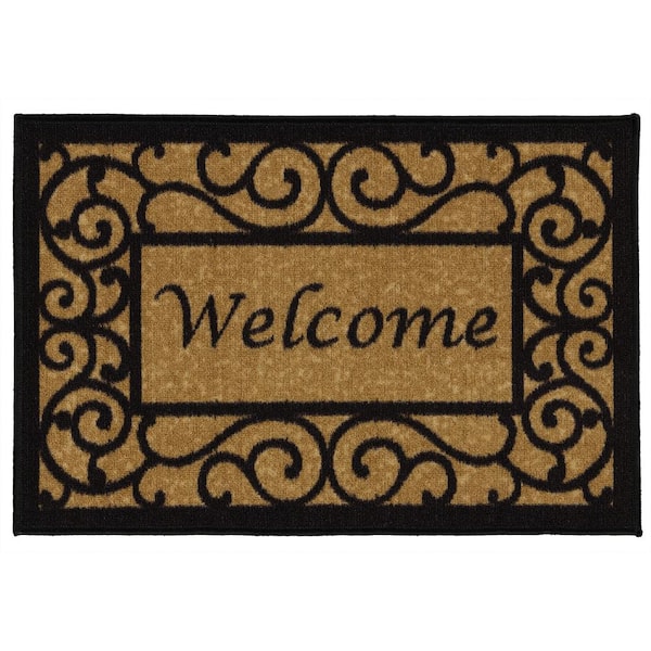 Ottomanson Ottohome Collection Non-Slip Rubberback Floral Border 20x30 Indoor/Outdoor Doormat, 20 in. x 30 in., Camel